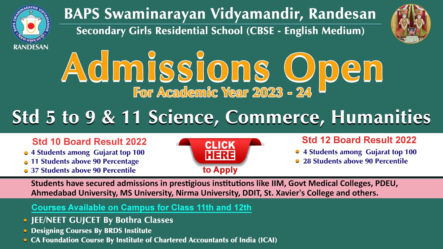 BAPS SWAMINARAYAN VIDYAMANDIR, SECONDARY GIRLS RESIDENTIAL SCHOOL-City Pulse Cinema Lane, Koba Gandhinagar Highway, Randesan Road, Randesan, Gandhi Nagar, Gujarat -382007